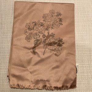 Vintage oblong silk scarf with floral print and fringe on both ends.